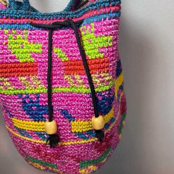 Wayuu Woven Bucket Bag Purse Pink Yellow Wood Bead Animal Print Cinch Close Boho - Picture 10 of 13